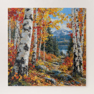 Autumn Birch Tree Forest with Mountain Lake Jigsaw Puzzle