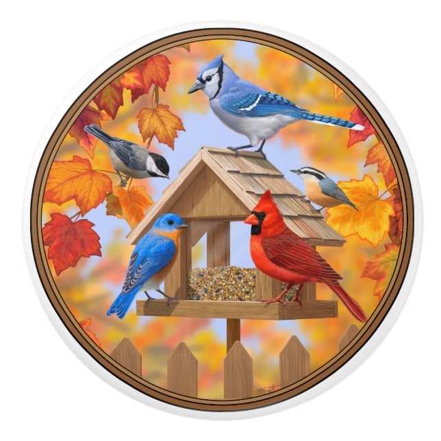 Autumn Bird Feeder Gathering Ceramic Knob (Front)
