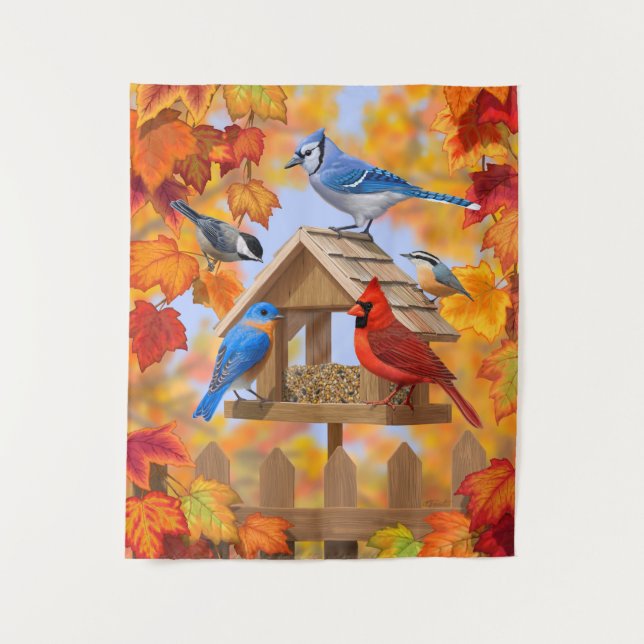 Autumn Bird Feeder Gathering Tapestry (Front)