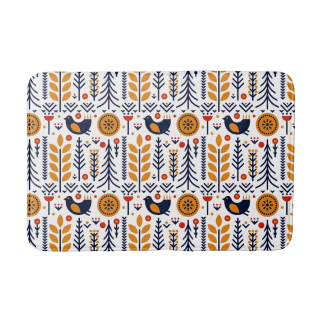 Autumn Bird Folk Art Pattern Bath Mat (Front)