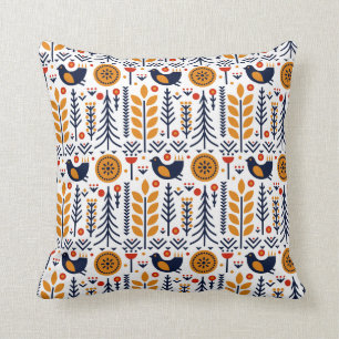 Autumn Bird Folk Art Pattern Cushion