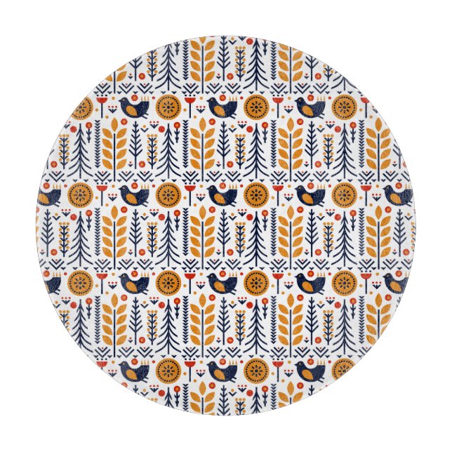 Autumn Bird Folk Art Pattern Cutting Board (Front)