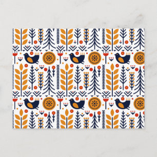 Autumn Bird Folk Art Pattern Holiday Postcard