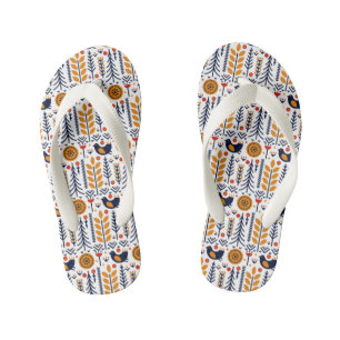Autumn Bird Folk Art Pattern Kid's Thongs
