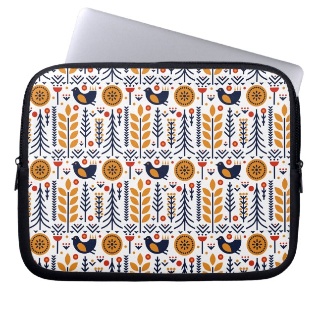 Autumn Bird Folk Art Pattern Laptop Sleeve (Front)