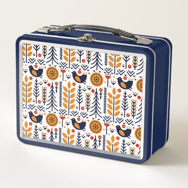 Autumn Bird Folk Art Pattern Metal Lunch Box (Front)