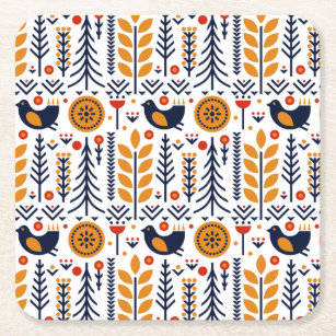 Autumn Bird Folk Art Pattern Square Paper Coaster