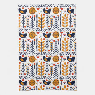 Autumn Bird Folk Art Pattern Tea Towel