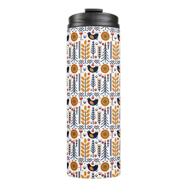 Autumn Bird Folk Art Pattern Thermal Tumbler (Front)
