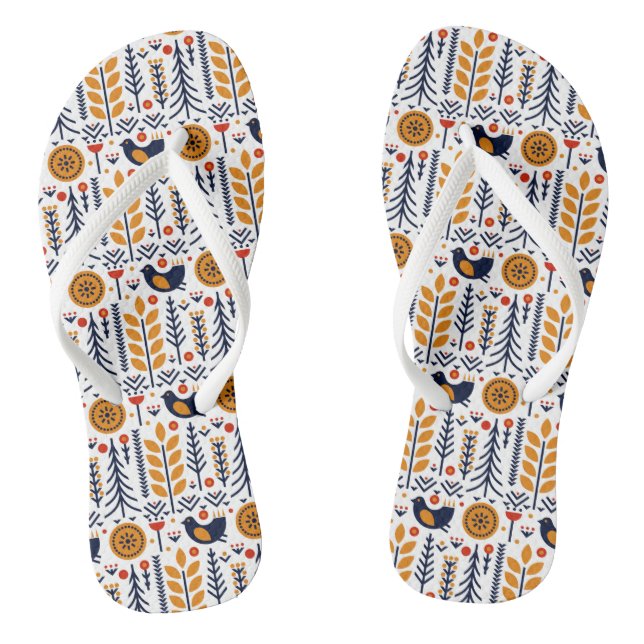 Autumn Bird Folk Art Pattern Thongs (Footbed)