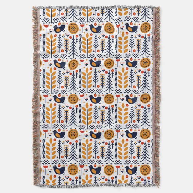Autumn Bird Folk Art Pattern Throw Blanket (Front Vertical)