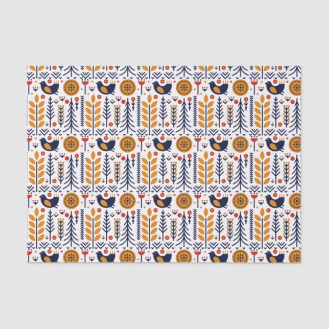 Autumn Bird Folk Art Pattern Tissue Paper (Front)