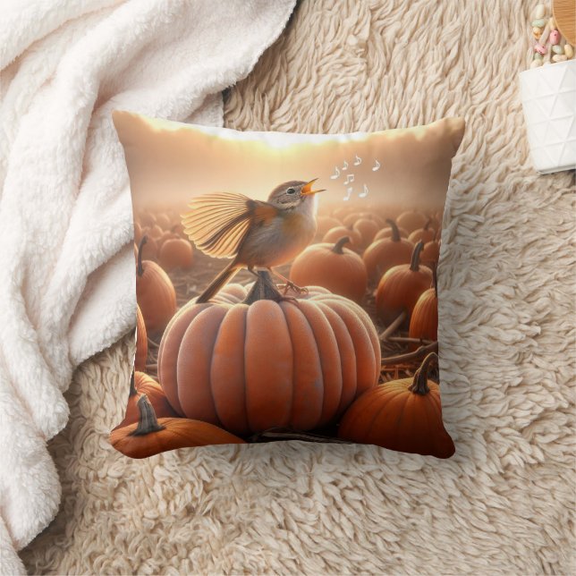 Autumn Bird Singing On a Pumpkin Cushion (Blanket)
