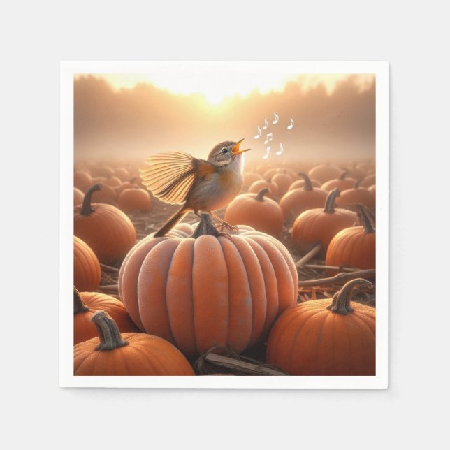 Autumn Bird Singing On a Pumpkin Napkin (Front)