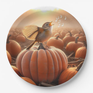 Autumn Bird Singing On a Pumpkin Paper Plate