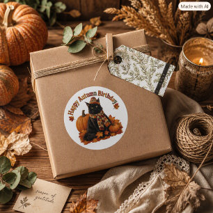 Autumn Birthday Black Cat in a Hat  Classic Round Sticker
