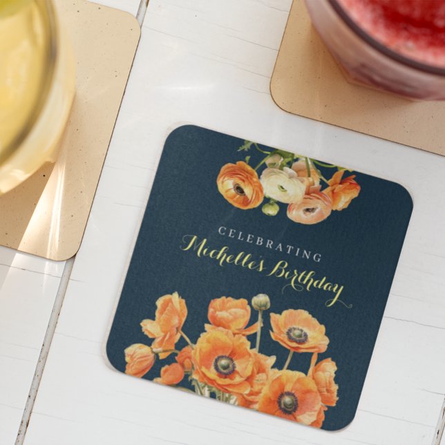 Autumn Birthday Party Fall Fete Orange Blossom Square Paper Coaster (Creator Uploaded)