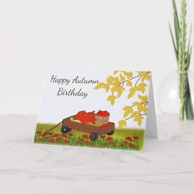 Autumn Birthday, Pumpkins and Apples in a Wagon Card (Front)