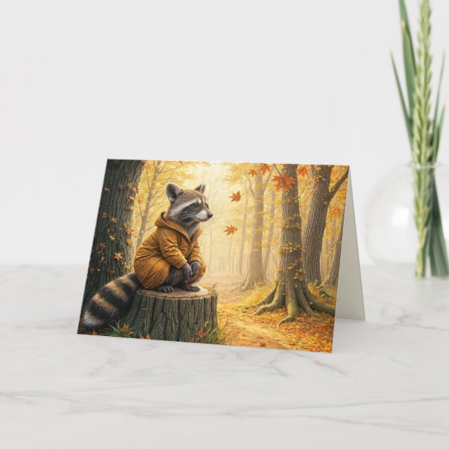 Autumn Birthday Racoon On Tree Stump Card (Front)