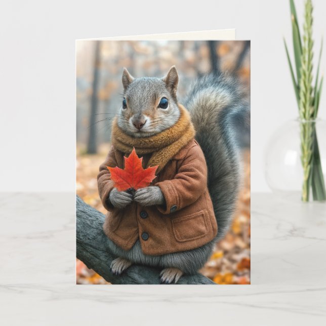 Autumn Birthday Squirrel Holding a Red Maple Leaf Card (Front)