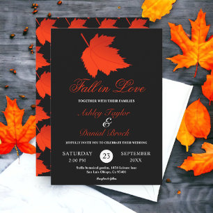 Autumn Black And White Red Leaves Fall Wedding Invitation