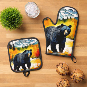 Autumn Black Bear River Design Oven Mitt & Pot Holder Set