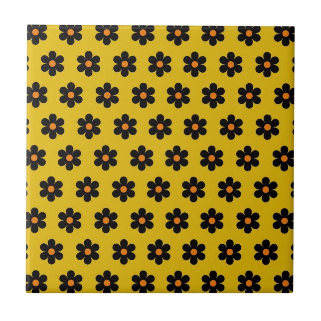 Autumn Black Orange Flower Pattern  Ceramic Tile (Front)