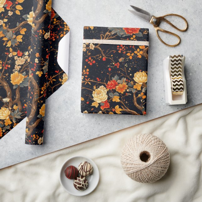 Autumn Black Orange Leaf Chinoiserie Wrapping Paper (Crafts)