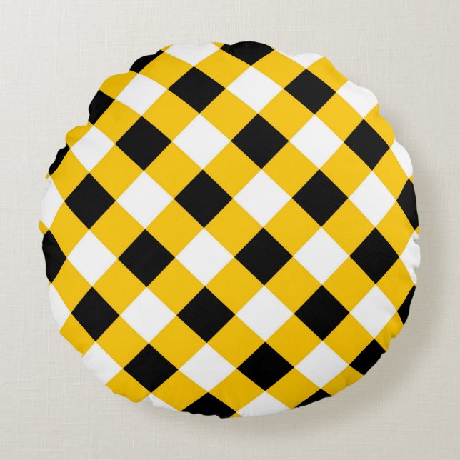 Autumn Black Yellow Chequered Geometric Pattern Round Cushion (Front)
