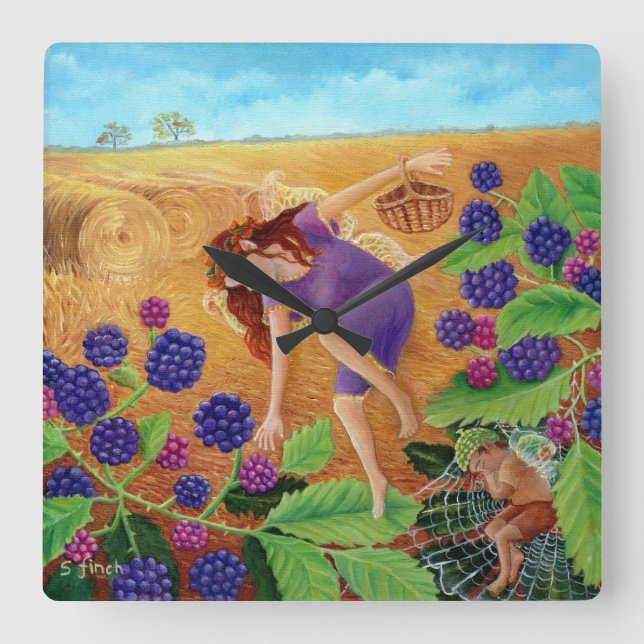 Autumn Blackberry Fairies Square Wall Clock (Front)