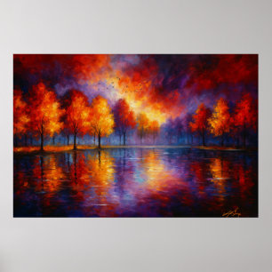 Autumn Blaze Reflections - Vibrant Forest Sunset Poster