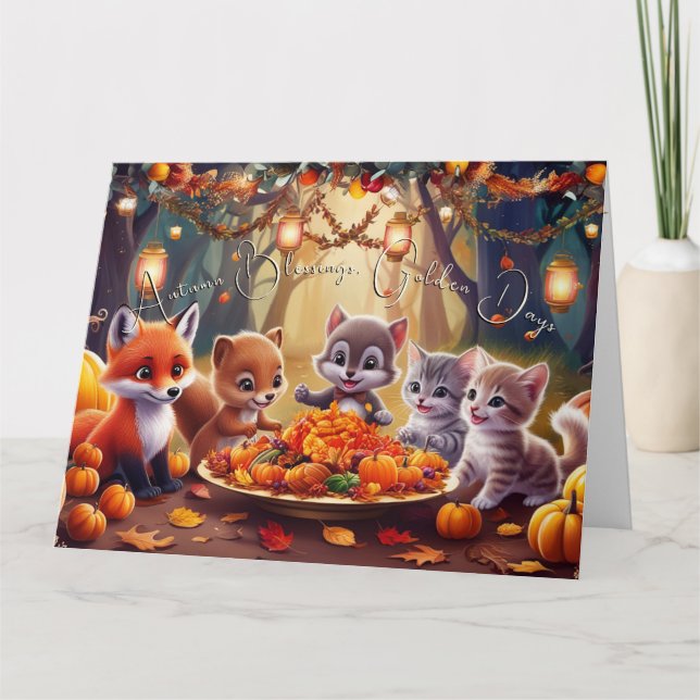 Autumn Blessings Golden Days Pumpkin Animals Text Card (Front)