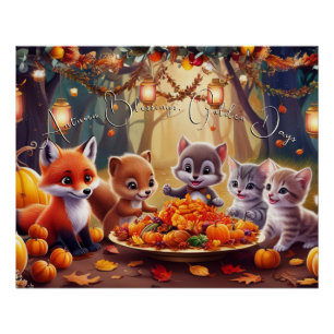 Autumn Blessings Golden Leaves Pumpkins Animals Poster