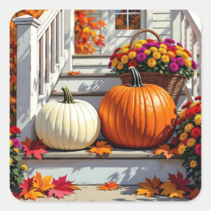 Autumn Blessings Mums, Pumpkins and Fall Leaves Square Sticker