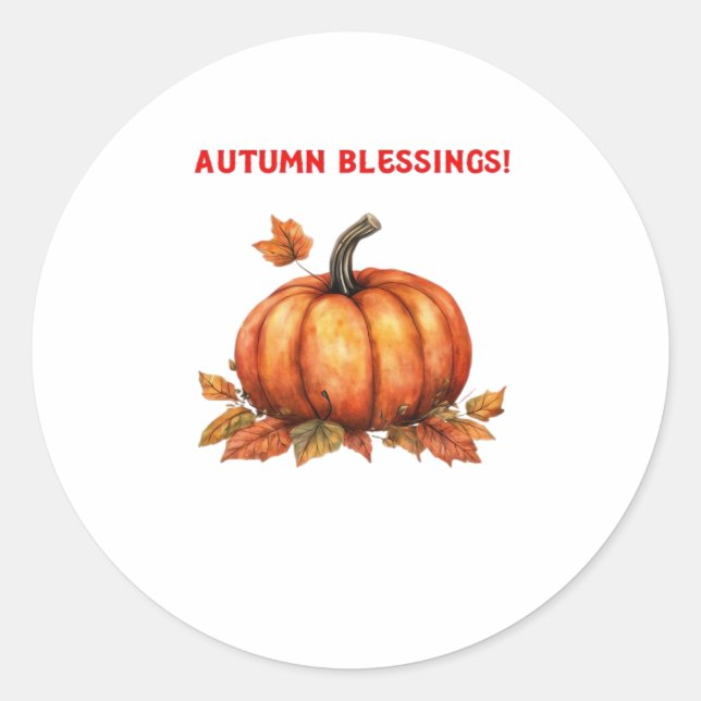Autumn Blessings Pumpkin with Fall Leaves Classic  Classic Round Sticker (Front)