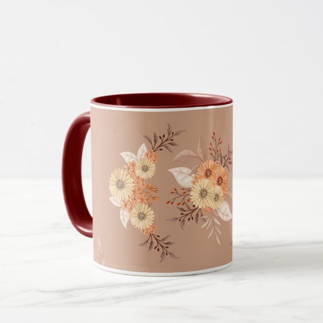 Autumn Bloom – Warm Beige & Orange Floral Art Mug (Front Left)