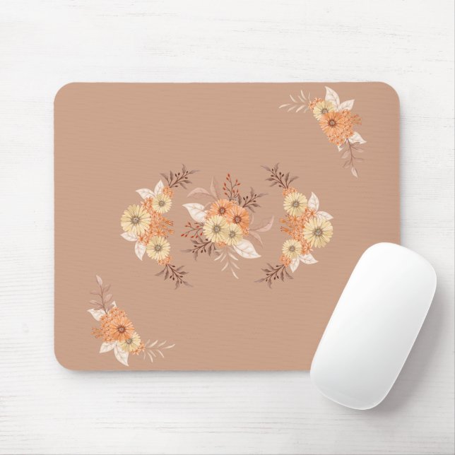 Autumn Bloom – Warm Beige & Orange Florals Mouse Pad (With Mouse)