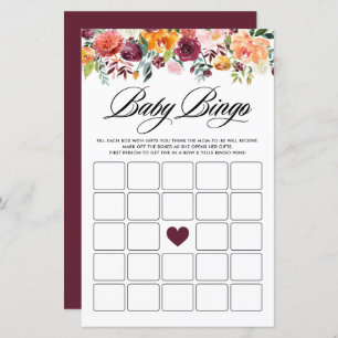 Autumn Blooms Baby Shower Bingo Game Card