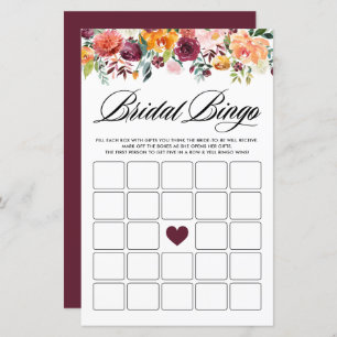 Autumn Blooms Bridal Shower Bingo Game Card