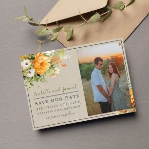 Autumn Blooms Floral Fall Green Orange Wedding Save The Date