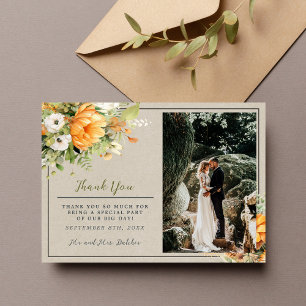 Autumn Blooms Floral Fall Green Orange Wedding Thank You Card