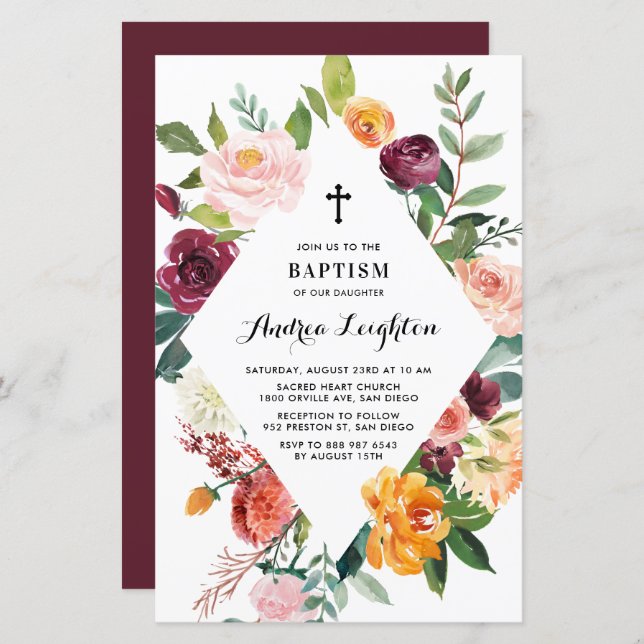 Autumn Blooms Floral Frame Baptism Invitation (Front/Back)