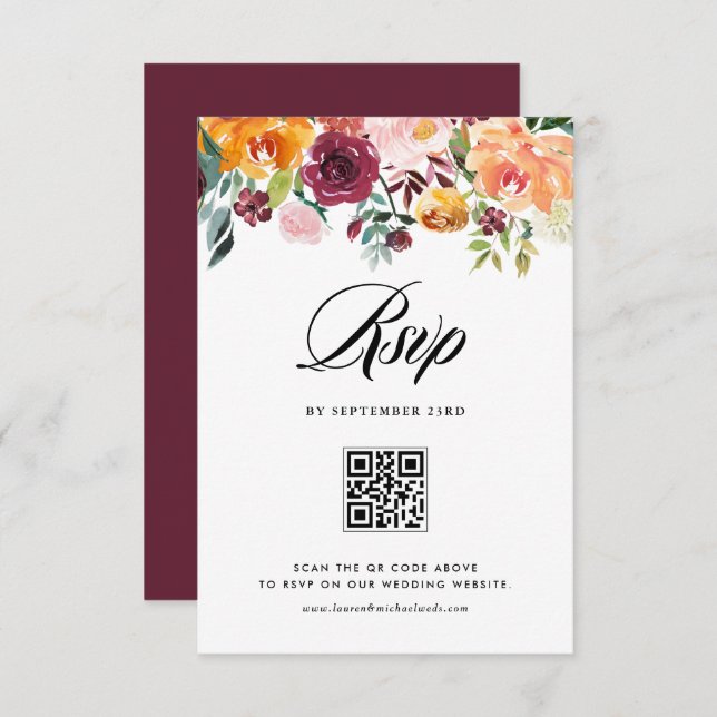 Autumn Blooms Floral Garland Fall Wedding QR Code RSVP Card (Front/Back)