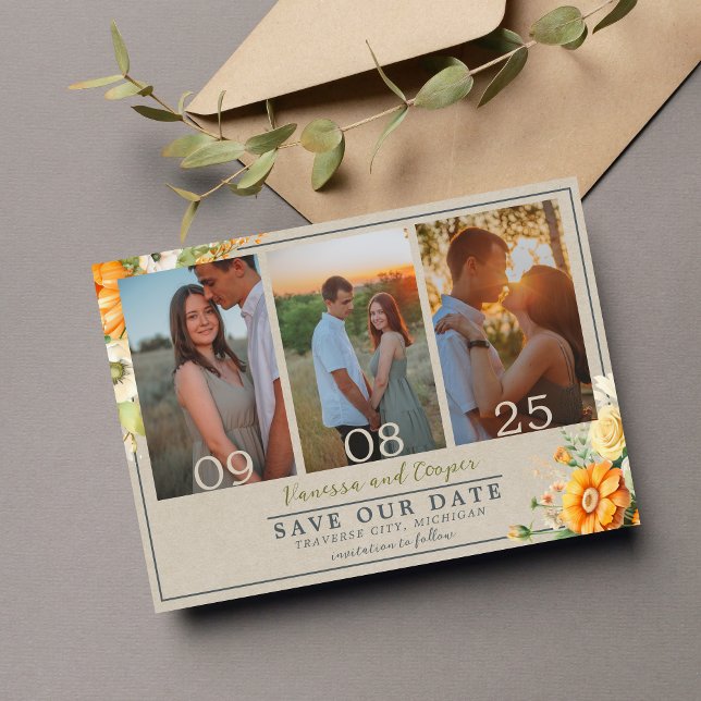 Autumn Blooms Floral Green Orange Wedding Save The Date (Creator Uploaded)