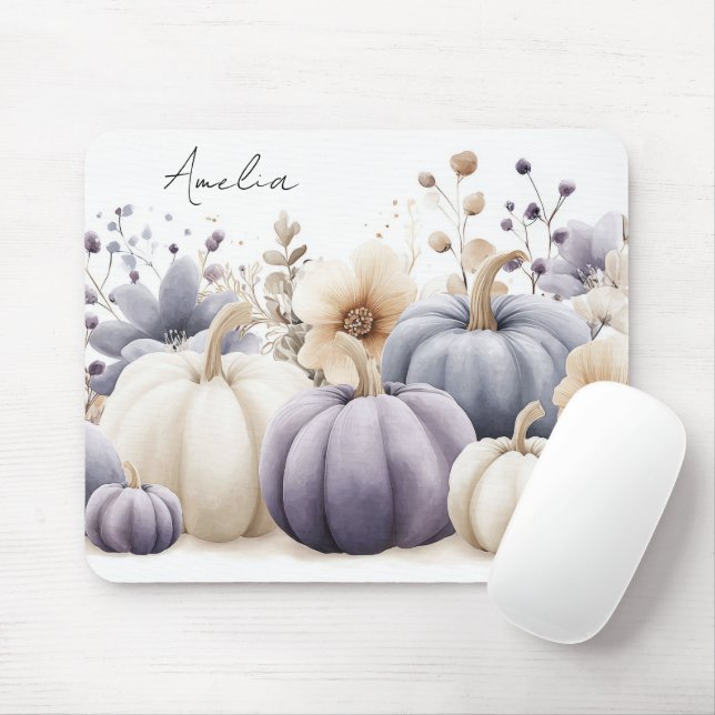 Autumn Blue and Beige Pumpkins and Flowers  Mouse Pad (With Mouse)