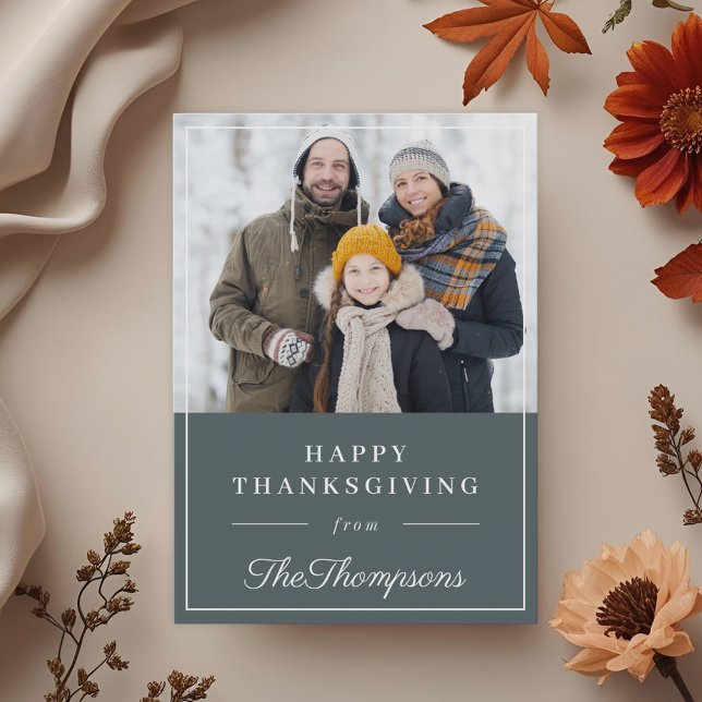 Autumn Blue Happy Thanksgiving Family Photo Holiday Card (Creator Uploaded)