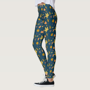 Autumn Blue Leaf Print Leggings Women’s Style