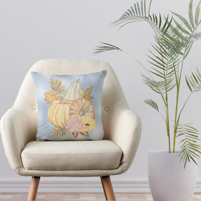 Autumn Blue Pumpkins Floral Watercolor  Cushion (Creator Uploaded)