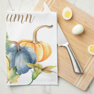 Autumn Blue White Green Orange Pumpkin Watercolor Tea Towel
