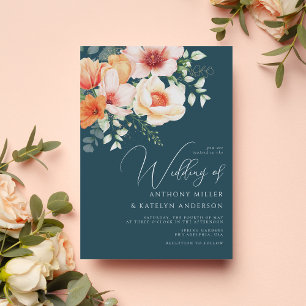 Autumn Blush Peach Coral Teal Blue Floral Wedding Invitation